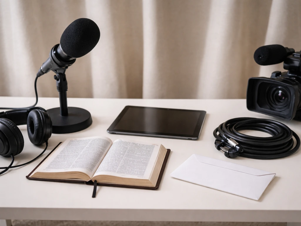 Minimal desk scene with microphone, Bible, dark tablet, and broadcast/speaking props suggesting ministry income streams.