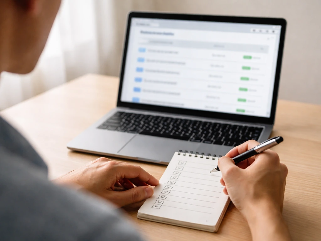 Anonymous desk scene showing laptop with generic entity search and a blank checklist.