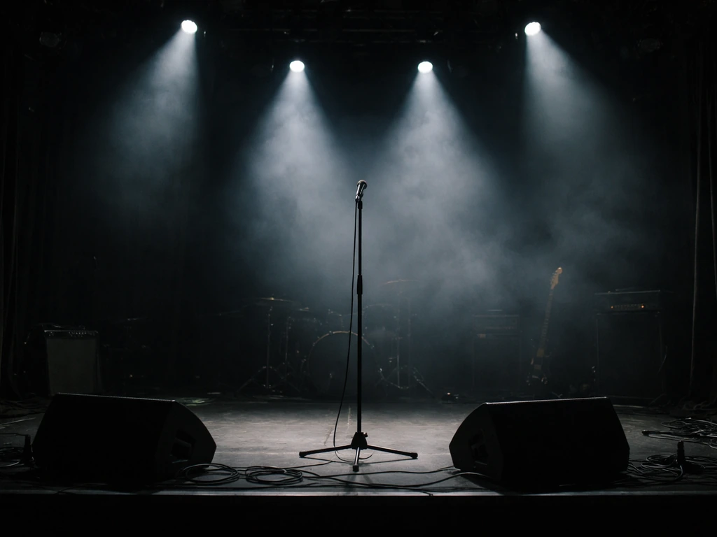 Empty concert stage with moody lighting and a microphone stand, suggesting a music artist context.