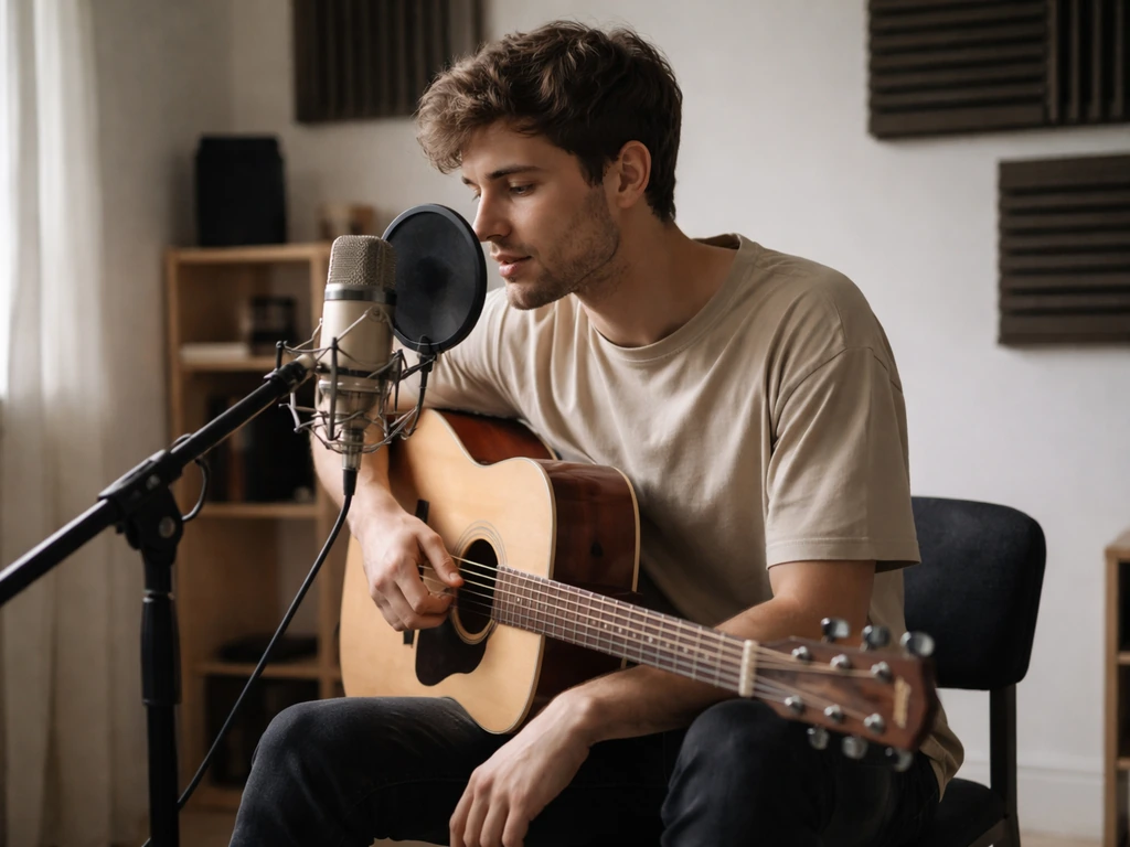 Musician in a quiet home studio with a microphone and acoustic guitar, grounding an artist identity story
