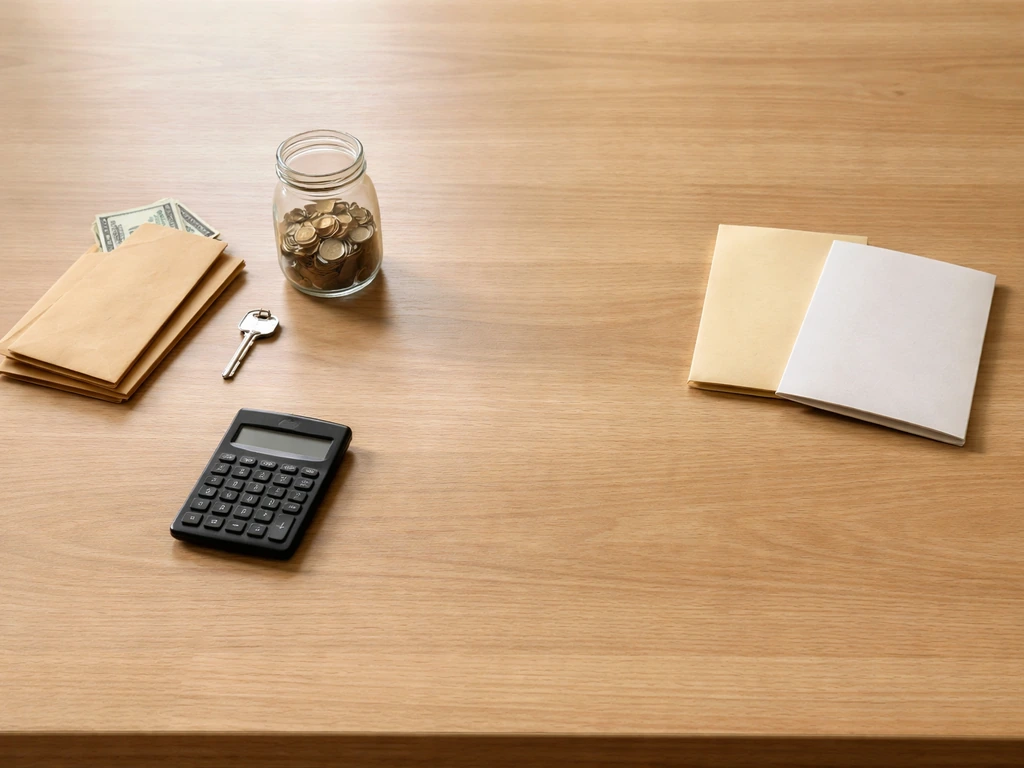 Minimal photo showing a calculator, money envelopes, and a key on a desk symbolizing assets minus liabilities.