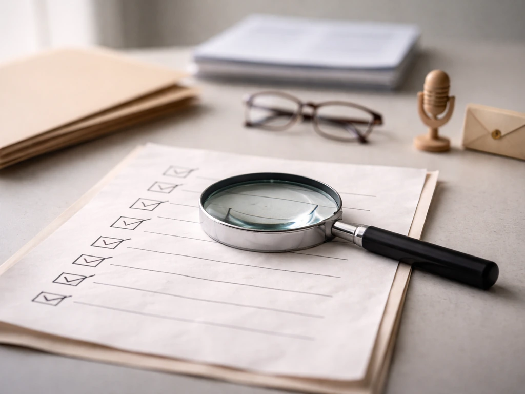 Magnifying glass over printed documents on a desk, with folder and media/finance props nearby.