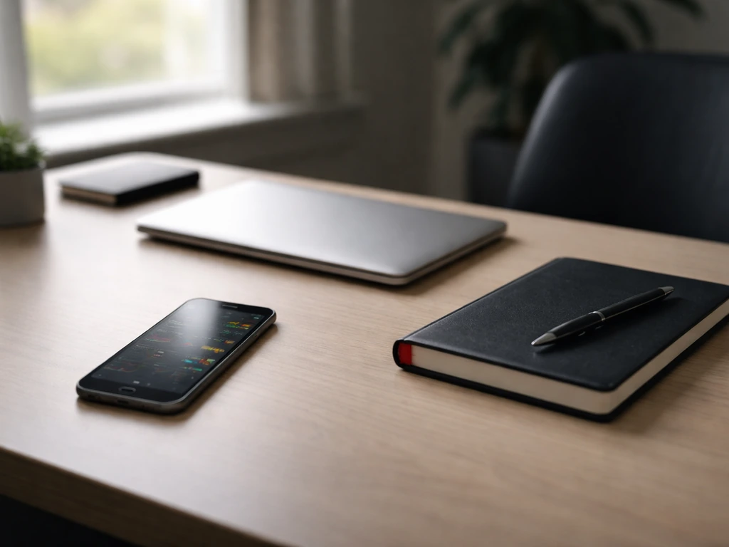 Minimal office scene with a brokerage-style smartphone and finance documents on a desk