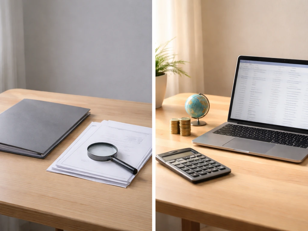 Minimal split desk scene: filing folder and magnifying glass vs laptop, calculator, coins for inferred value.
