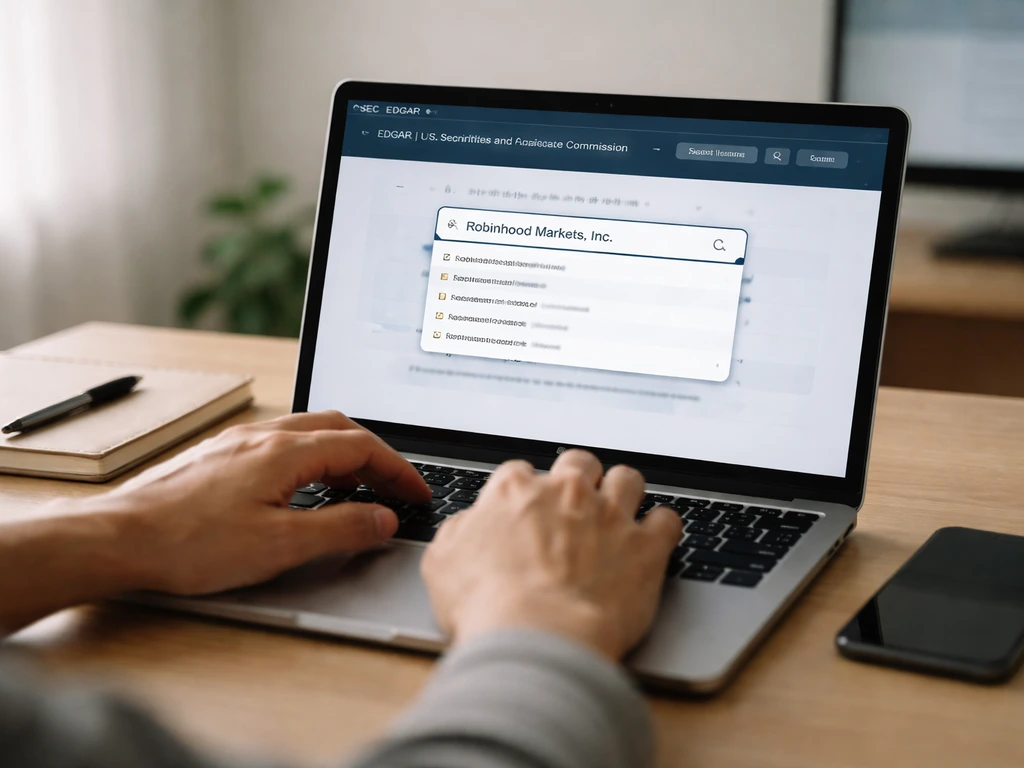 Person working on a laptop with SEC EDGAR website open, reviewing financial filings for a company.