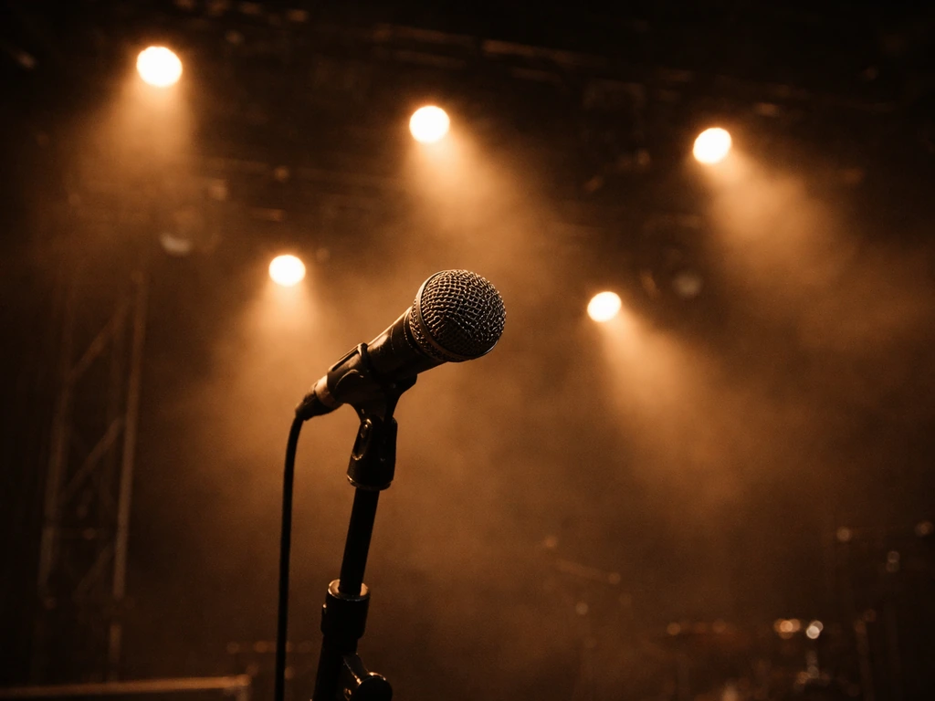 Close-up of a lit microphone on a rock concert stage in dark, smoky lights.