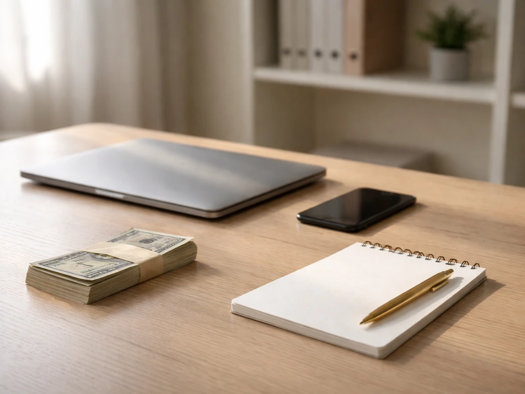 Minimal home office desk with laptop, smartphone, money bills, and a gold pen under natural light.