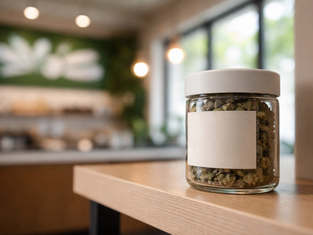 Close-up of cannabis dispensary storefront branding with softly lit product jars and a plain label background