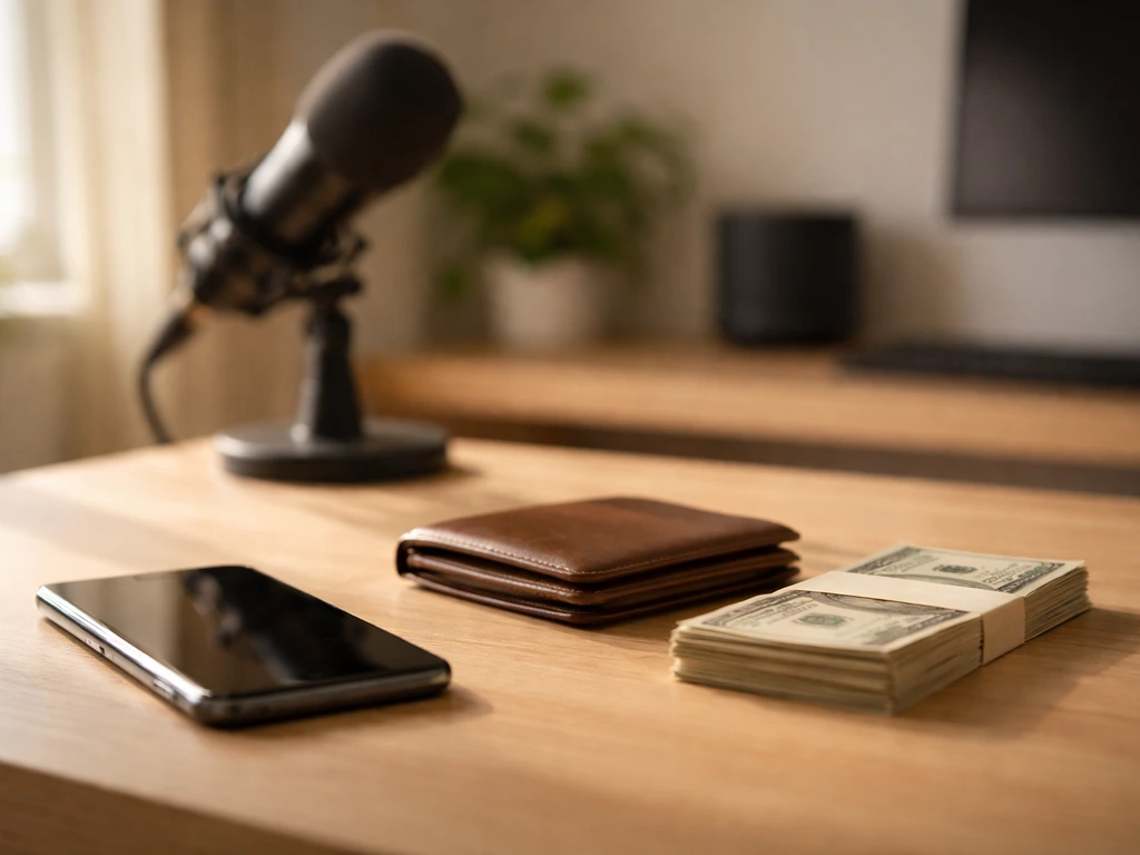 Minimal office desk with a smartphone, wallet, and studio microphone symbolizing calculated net worth