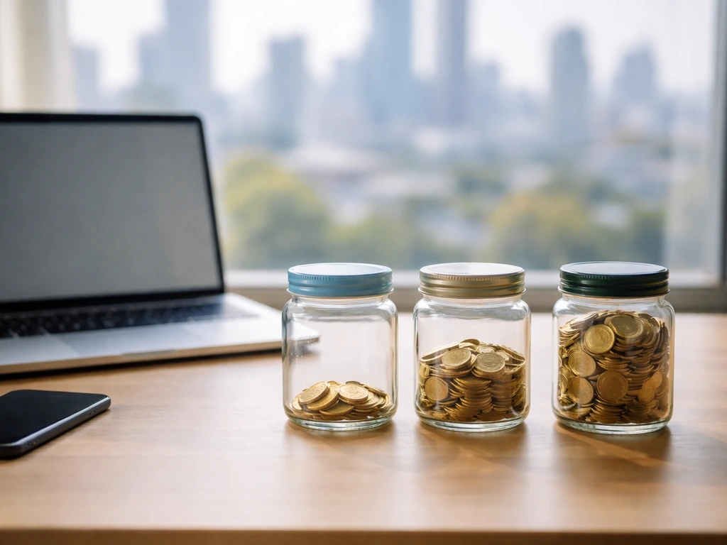 Minimal desk scene with three glass jars of coins suggesting low, base, and high net worth estimates.