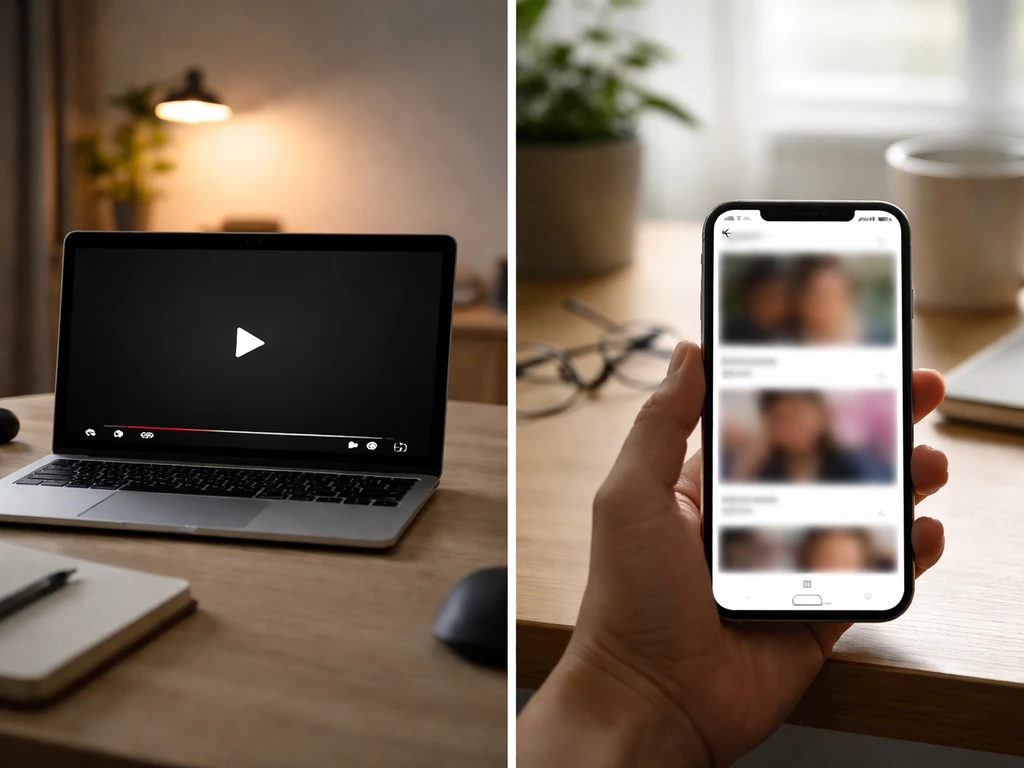 Minimal split-panel photo: a YouTube-like video playback area on one side and short-form social posts on the other.