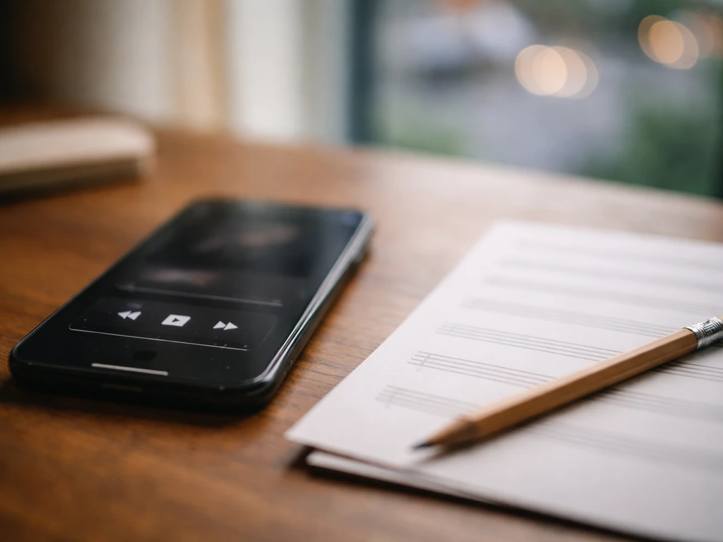 Smartphone on a desk beside blank sheet music and a pencil, evoking streaming and music royalties.