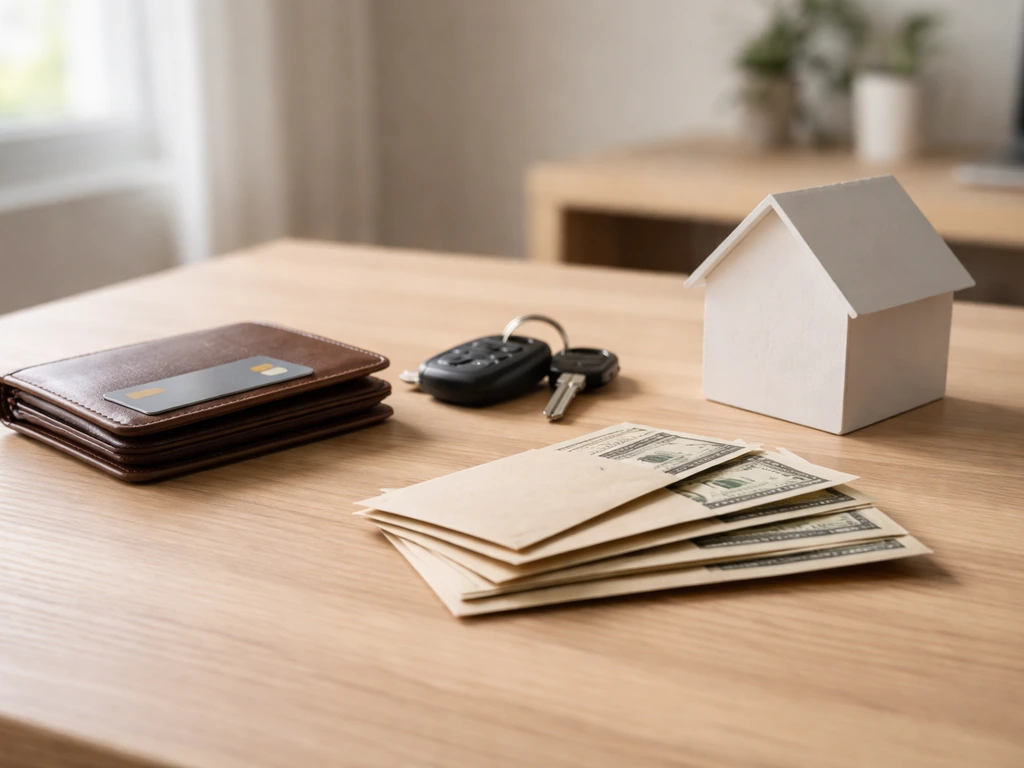 Minimal photo showing a credit card wallet and car keys beside a home-model and cash-like envelopes on a desk