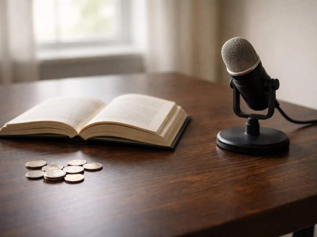 Minimal desk scene with a book, microphone, and scattered coins suggesting media and wealth analysis