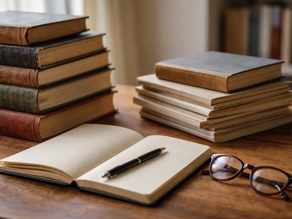 Close-up of stacked vintage and modern books with a notebook and reading glasses on a desk