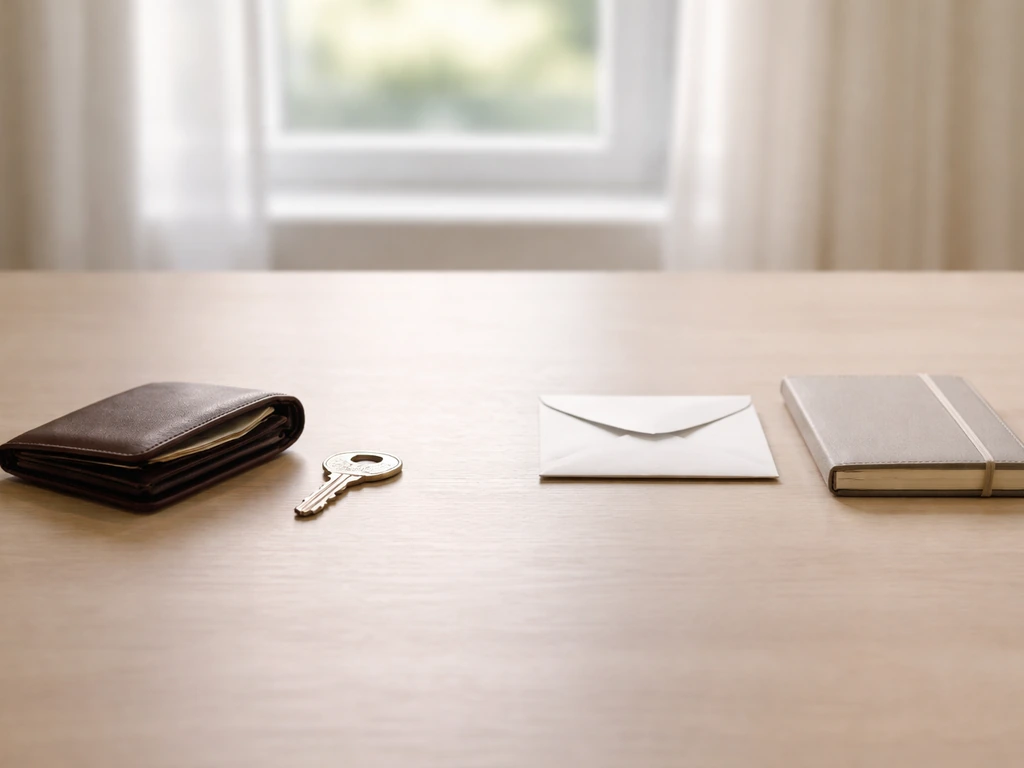 Minimal photo of a tidy desk with an open leather wallet, a house key, and a small envelope symbolizing assets and debts