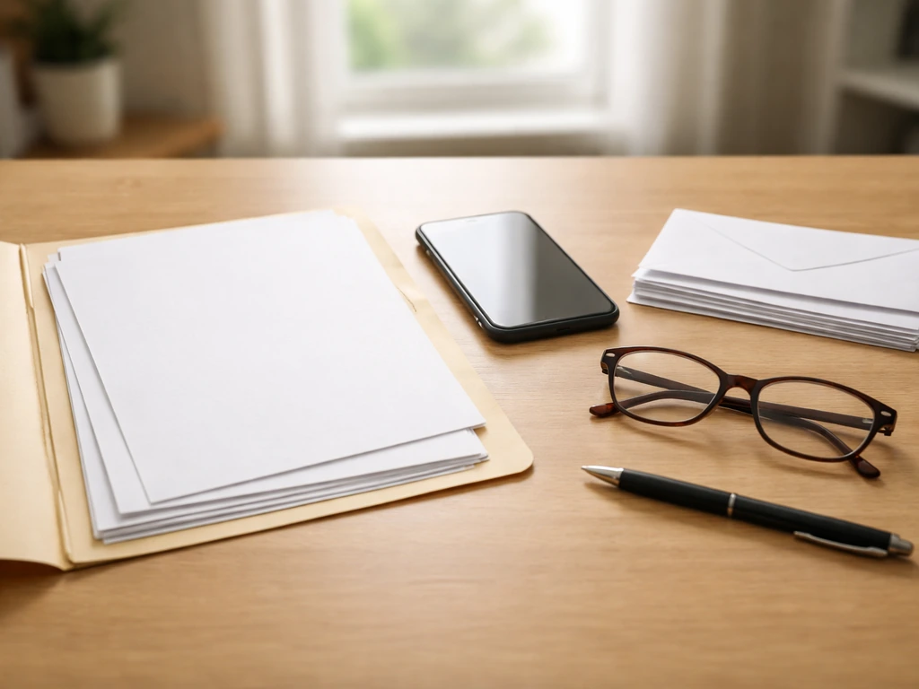 Minimal desk scene with blank papers, smartphone, and glasses symbolizing public verification steps.