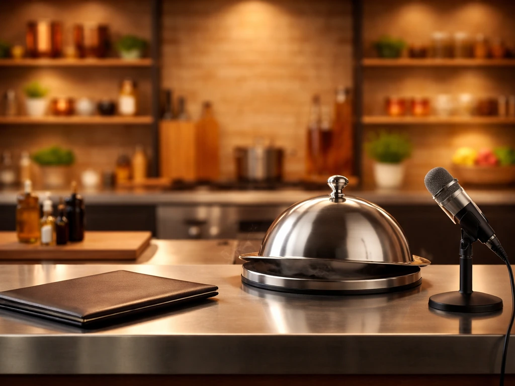 Empty TV chef studio with microphone and anonymous leather portfolio on a prep counter.