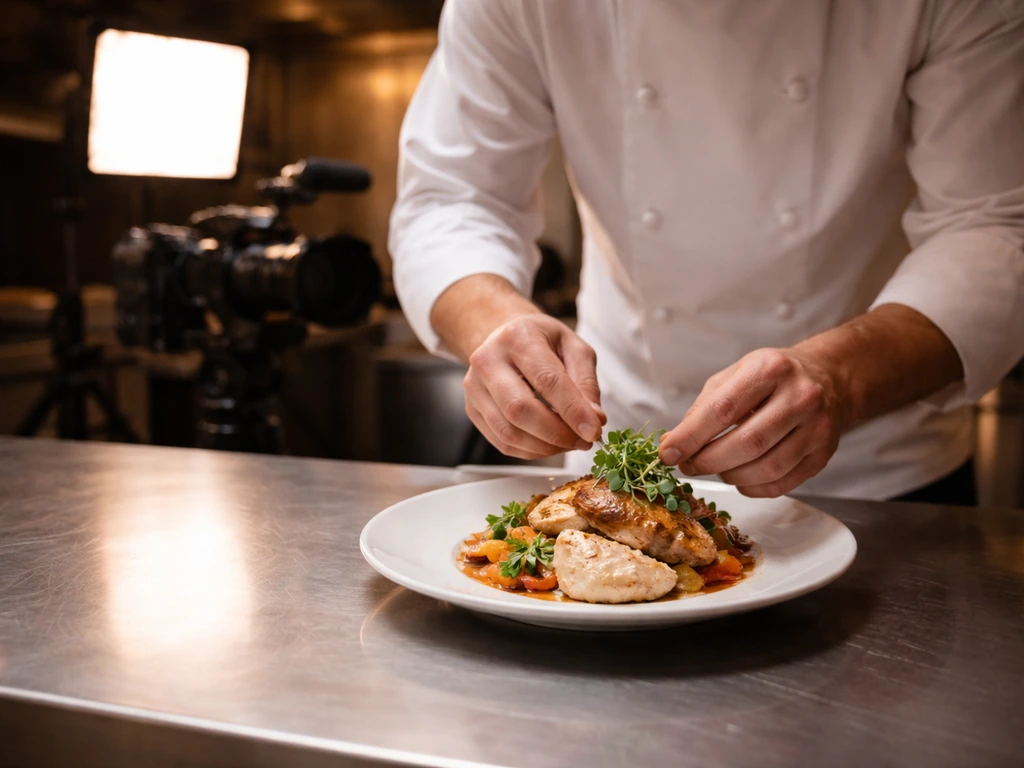 Anonymous chef plating food while a TV camera and soft lights capture the production moment.