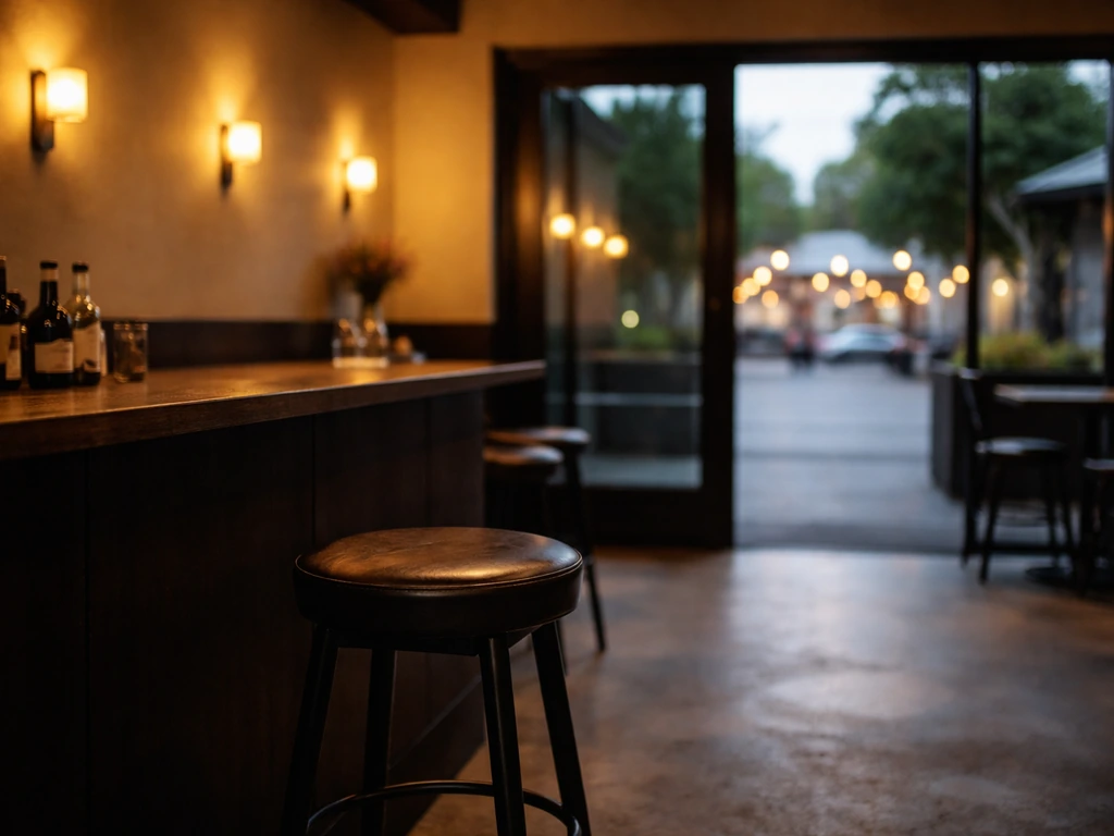Empty gastropub interior with warm bar lighting and a view of the street at dusk.