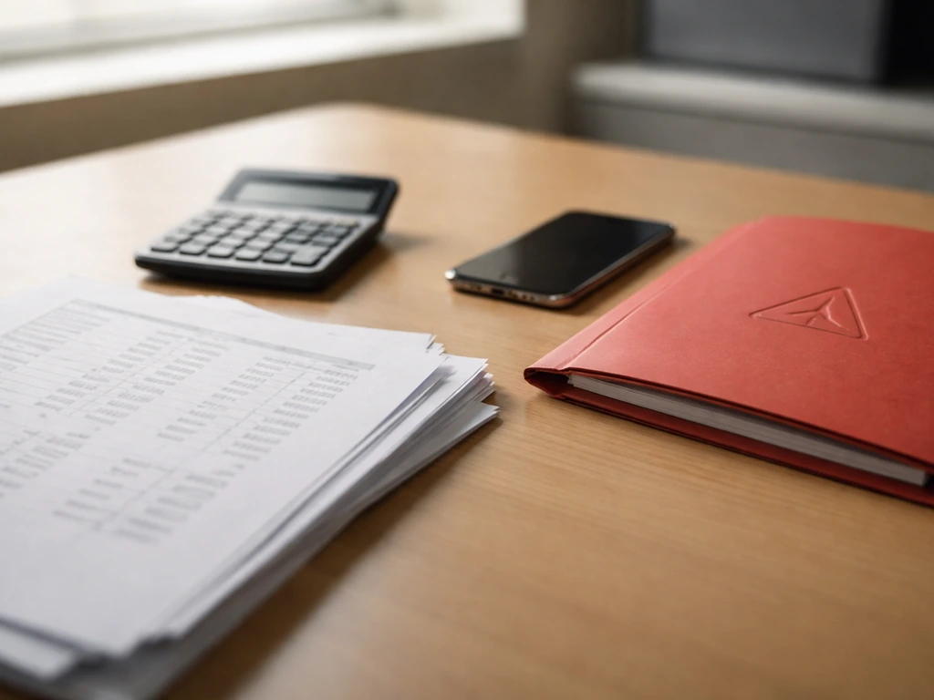 Close-up of a messy desk with printed financial pages, a blurred calculator, and a warning-style red folder icon