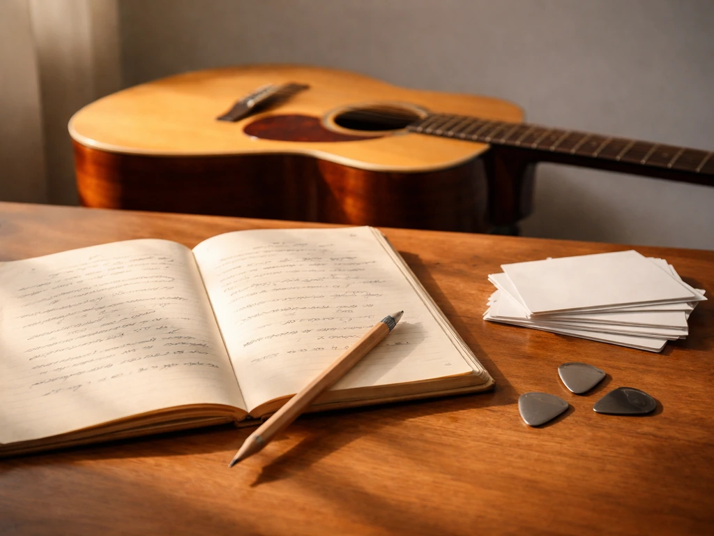 Guitar, blank cue cards, and a worn lyric manuscript on a desk in natural light