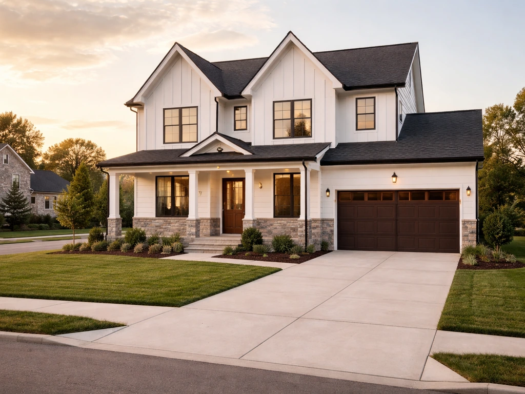 Golden-hour exterior of a quiet Nashville-area home with driveway and lawn, no people visible.