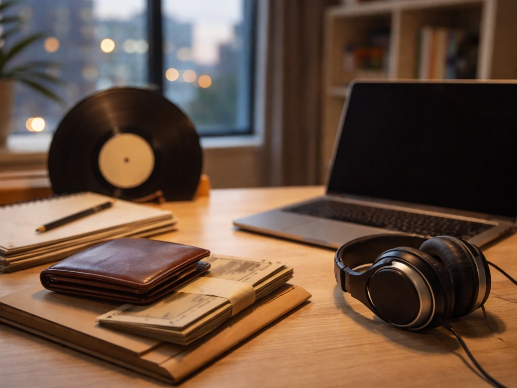 Minimal desk scene with wallet, cash envelopes, vinyl record, headphones, and city-window dusk light.