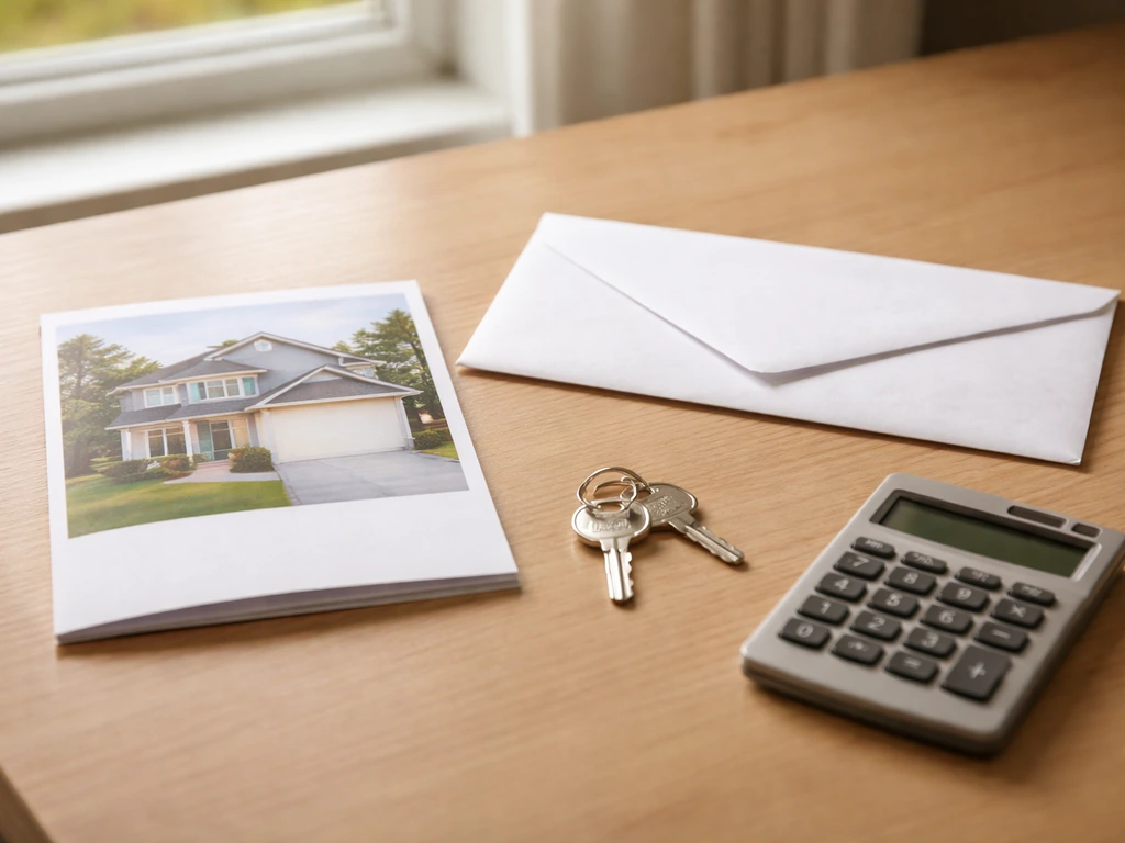 Open home-sale brochure beside a mortgage statement envelope on a wooden desk