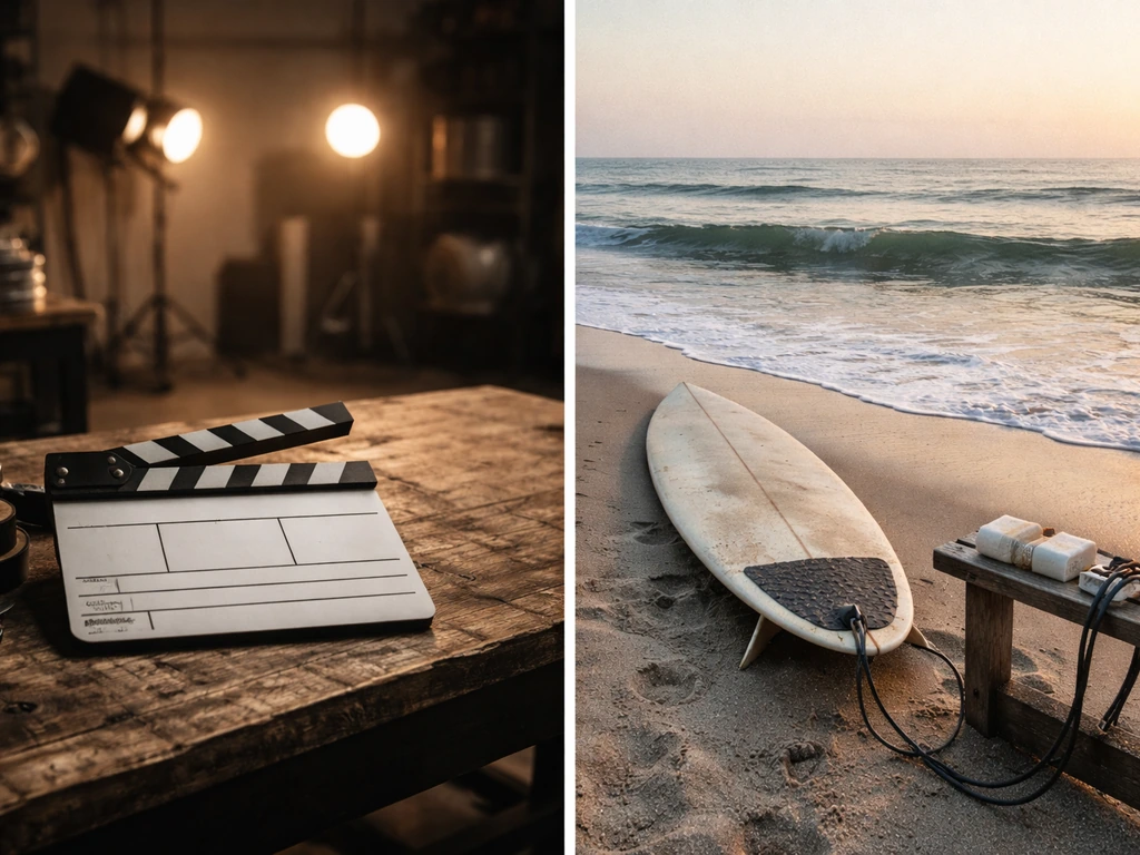 Two photo panels: studio film props on the left and a surfboard setup on the right.