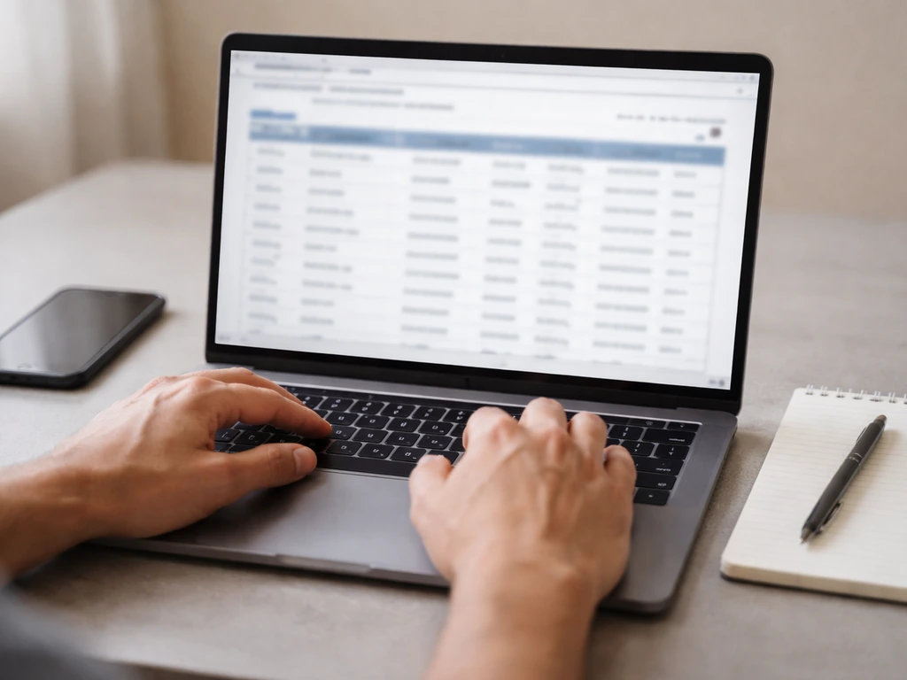 Hands cross-check county property records on a laptop with a phone and notepad on a desk.