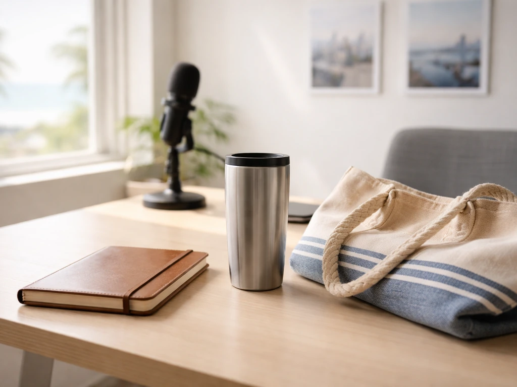 Sunlit office desk with a folded lifestyle tote and microphone in the background, suggesting business media presence