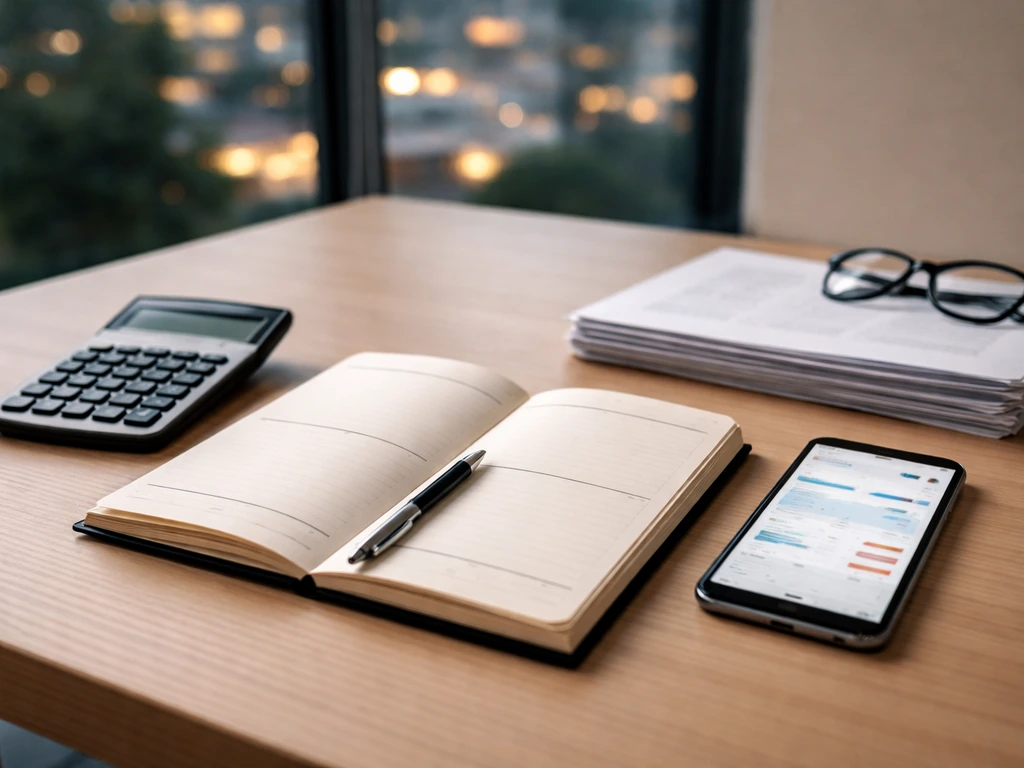 Minimal business desk photo with calculator, open notebook, and blurred finance screen suggesting valuation steps.
