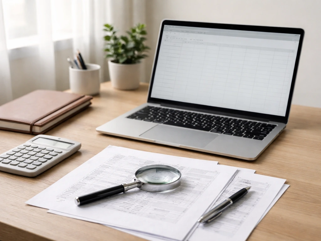 Minimal desk scene with a laptop and scattered documents suggesting self-checking business wealth claims