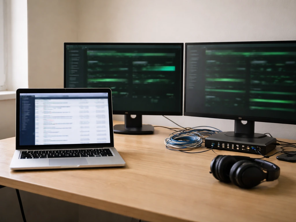 Minimal IT desk with laptop, router lights, and a dual-monitor dashboard setup in natural light