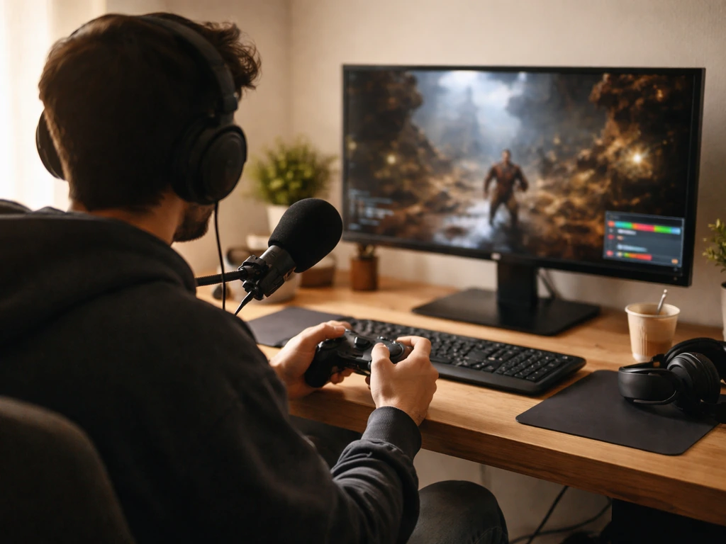 Anonymous gamer at a desk streaming with a monitor showing gameplay and a capture-card overlay