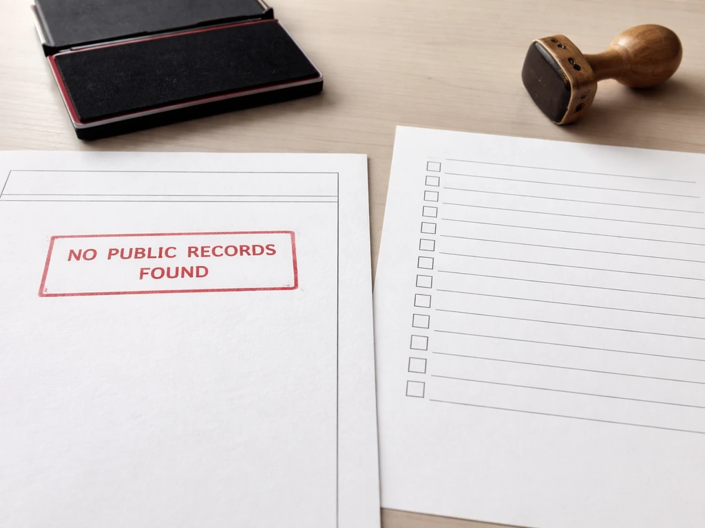 Close-up of a blank inheritance form stamp and an empty checklist beside it, suggesting no public records found.