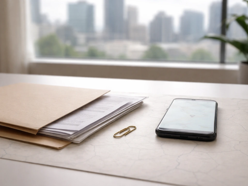 Close-up of real estate paperwork and a folder on a desk beside a city map pin, symbolic of updated net worth estimates.