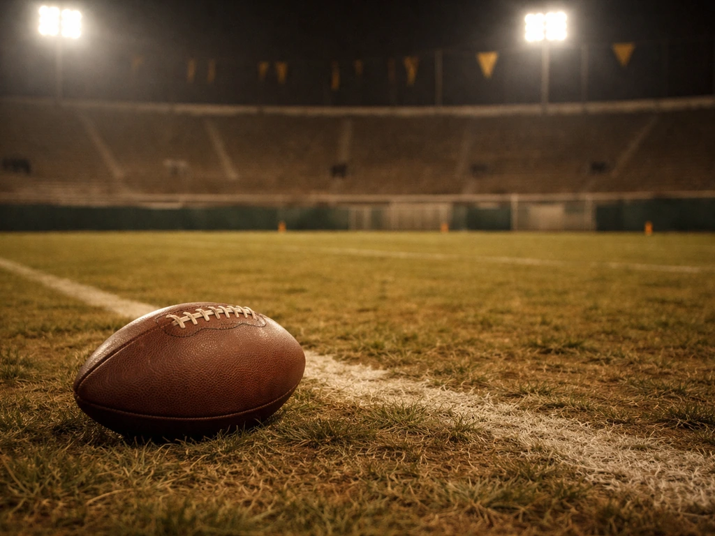 Empty football field at dusk with a weathered football near the sideline, 1970s Vikings-era mood.