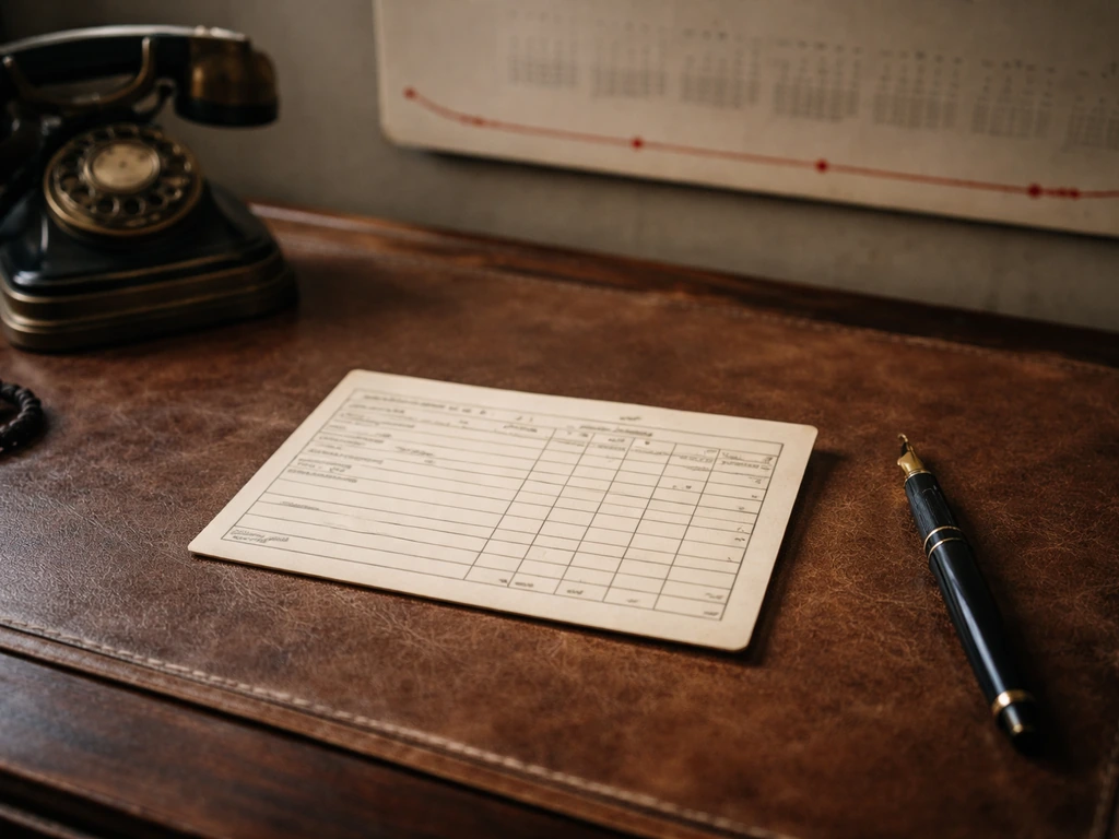 Vintage contract/salary card on a leather desk with a blurred 1970s timeline thread backdrop.