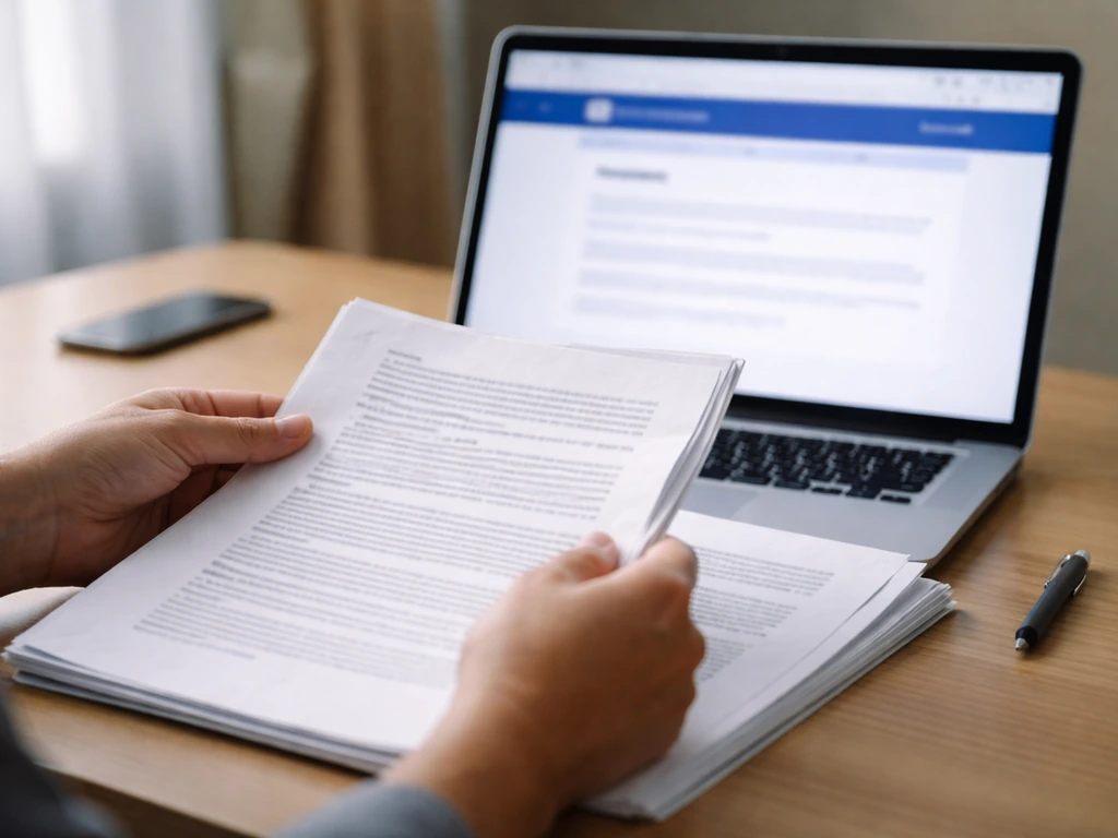 Close-up of a laptop and printed legal documents on a desk, suggesting verifying court records.