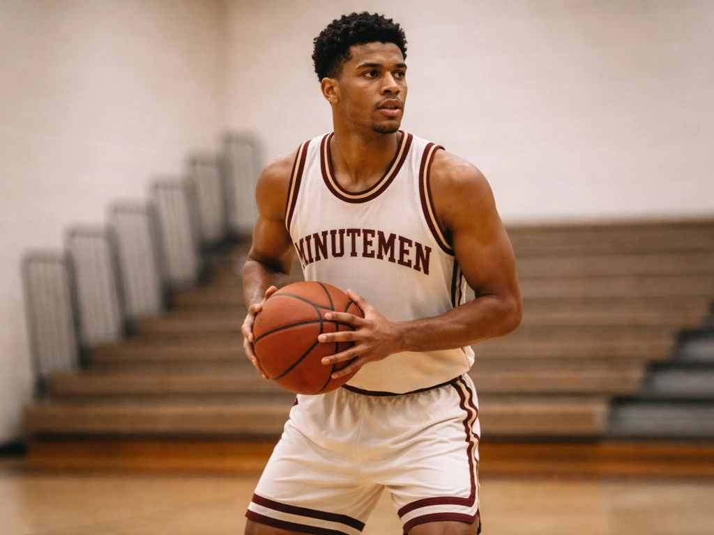 UMass Minutemen basketball player in vintage game jersey holding a ball on a quiet court