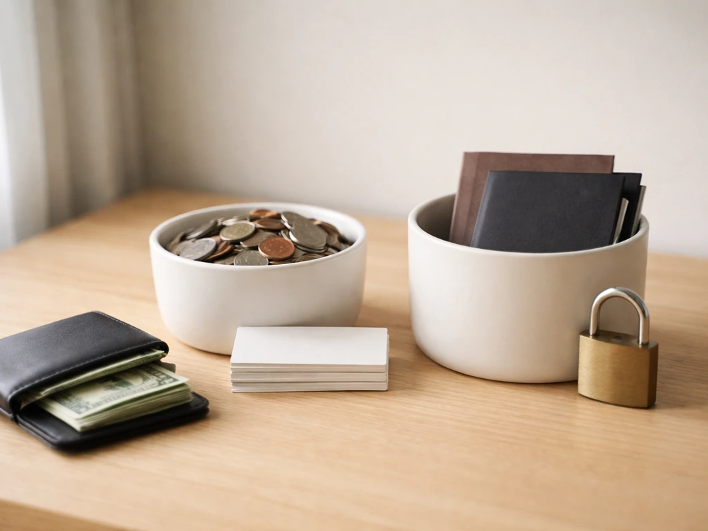Minimal desk scene with coins and cash on one side, envelopes and a padlock on the other.