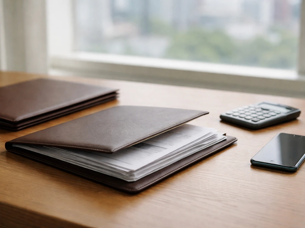 A minimal office desk scene with two folders of financial documents and a calculator, suggesting comparing conflicting e