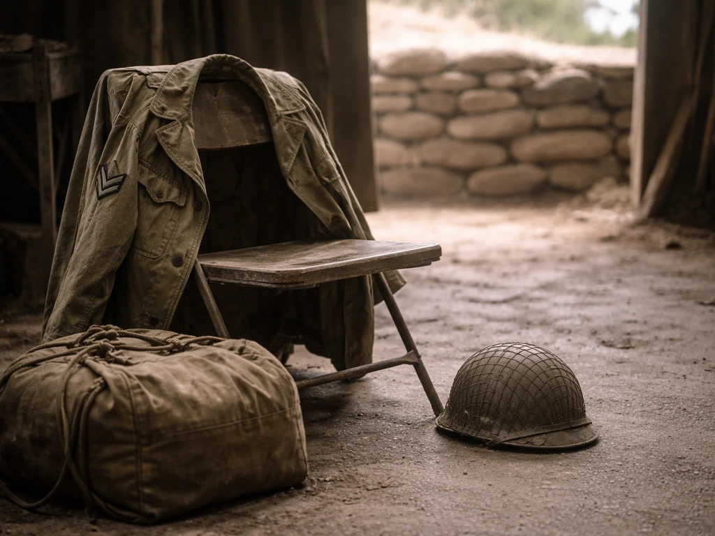 Minimal WWII TV set with vintage uniform, helmet, and duffel bag under natural light.