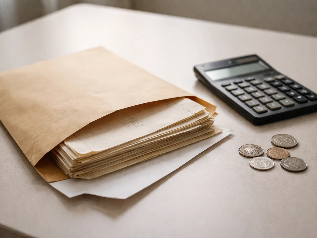 Minimal photo of an open envelope and scattered old documents beside a calculator, suggesting probate-derived net worth