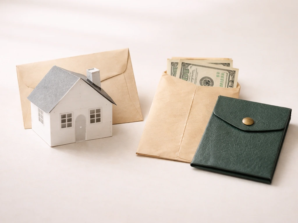 Minimal photo collage showing a California home silhouette and simple cash envelope icons for estate assets