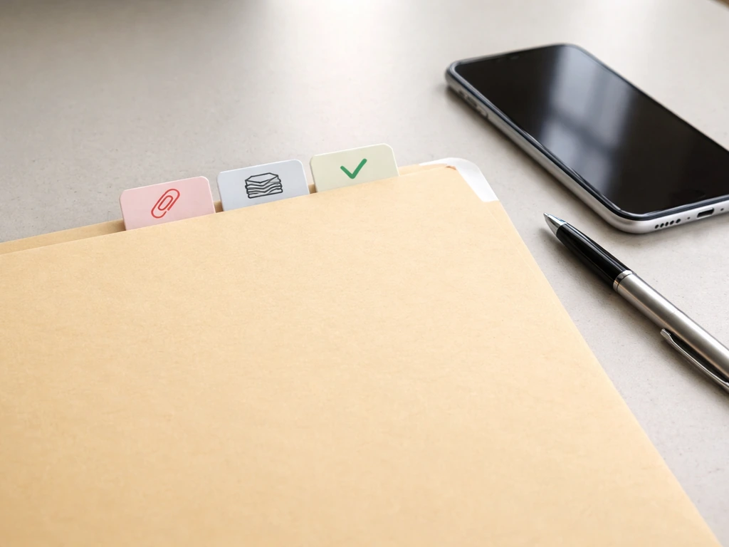 Manila folder on desk with pinned document tabs and office tools symbolizing probate verification steps.
