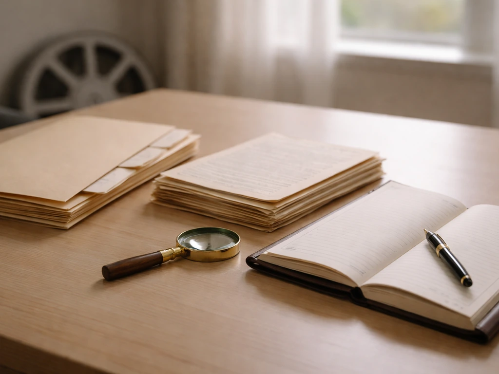 Minimal desk scene with blank contract papers, a ledger, and a magnifying glass symbolizing estate net worth research.