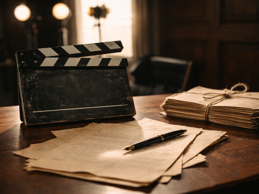Vintage studio desk scene with a clapperboard and aged typewritten paperwork, no people.